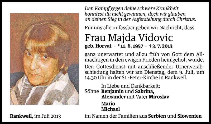  Todesanzeige für Majda Vidovic vom 06.07.2013 aus Vorarlberger Nachrichten