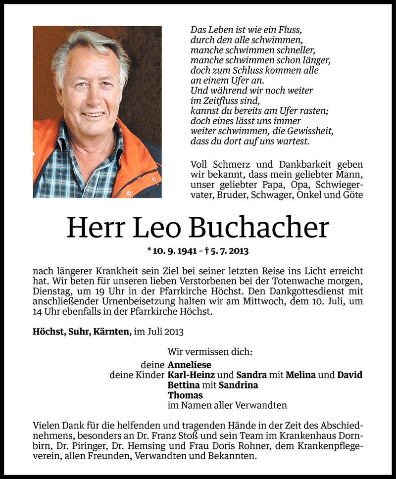  Todesanzeige für Leo Buchacher vom 07.07.2013 aus Vorarlberger Nachrichten