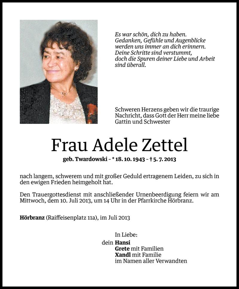  Todesanzeige für Adele Zettel vom 07.07.2013 aus Vorarlberger Nachrichten