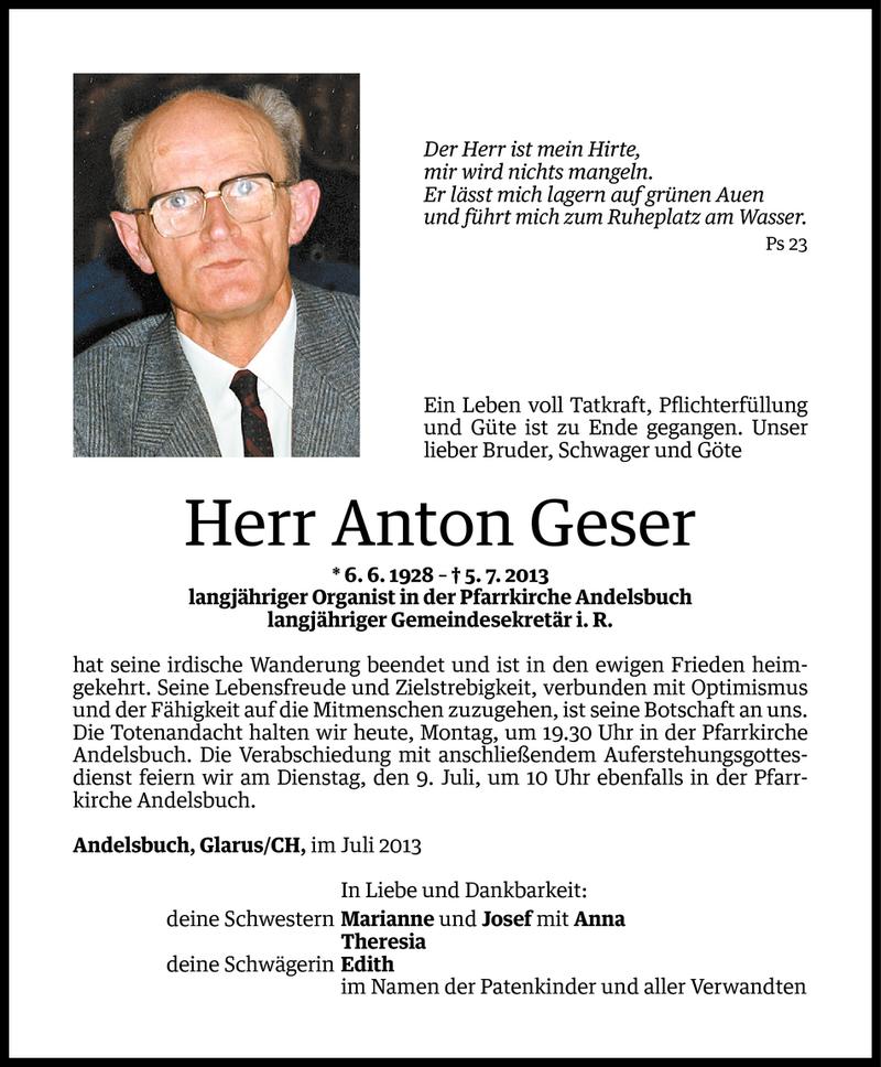  Todesanzeige für Anton Geser vom 07.07.2013 aus Vorarlberger Nachrichten