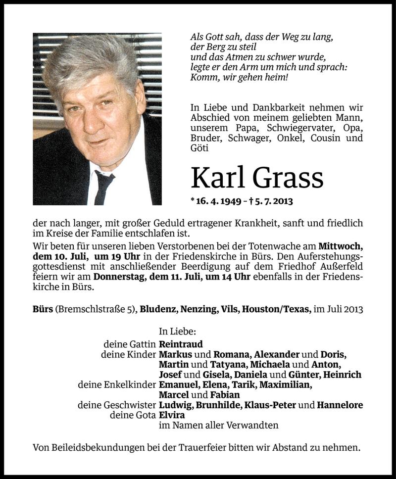  Todesanzeige für Karl Grass vom 09.07.2013 aus Vorarlberger Nachrichten