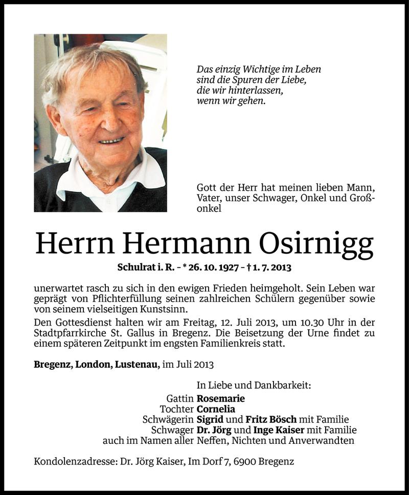  Todesanzeige für Hermann Osirnigg vom 08.07.2013 aus Vorarlberger Nachrichten