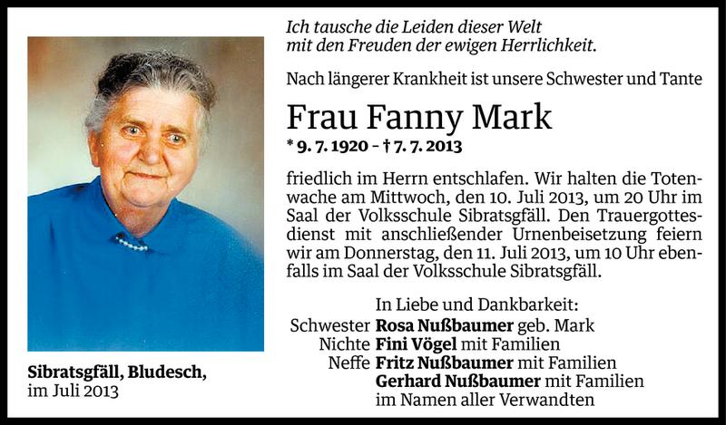  Todesanzeige für Fanny Mark vom 08.07.2013 aus Vorarlberger Nachrichten