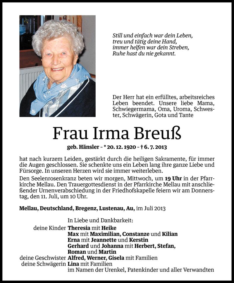  Todesanzeige für Irma Breuß vom 08.07.2013 aus Vorarlberger Nachrichten