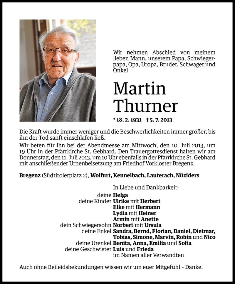  Todesanzeige für Martin Thurner vom 08.07.2013 aus Vorarlberger Nachrichten