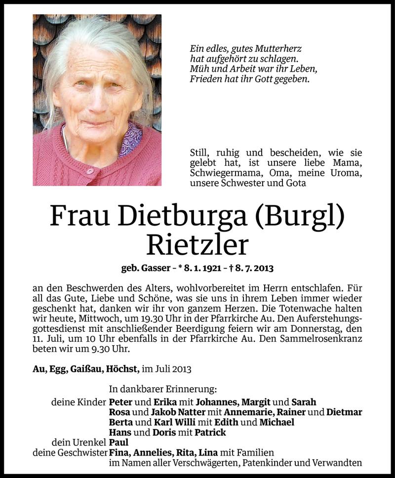  Todesanzeige für Dietburga Rietzler vom 09.07.2013 aus Vorarlberger Nachrichten