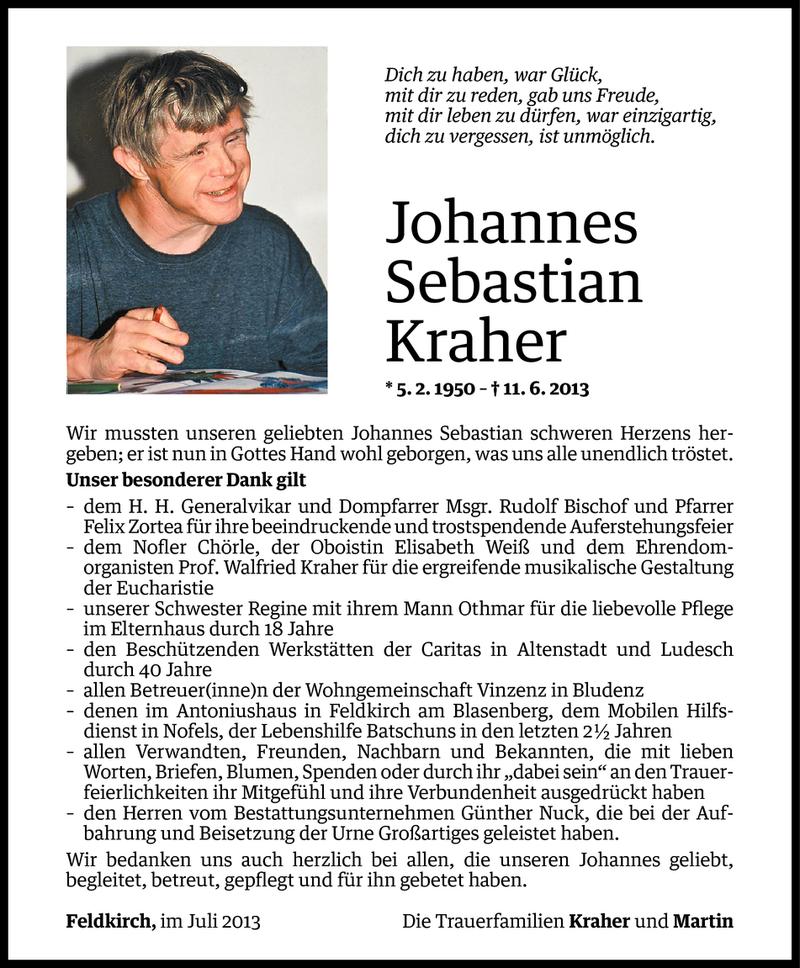  Todesanzeige für Johannes Sebastian Kraher vom 09.07.2013 aus Vorarlberger Nachrichten