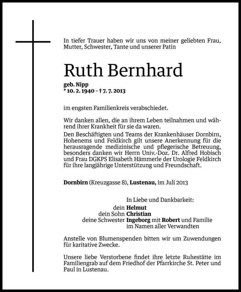  Todesanzeige für Ruth Bernhard vom 10.07.2013 aus Vorarlberger Nachrichten