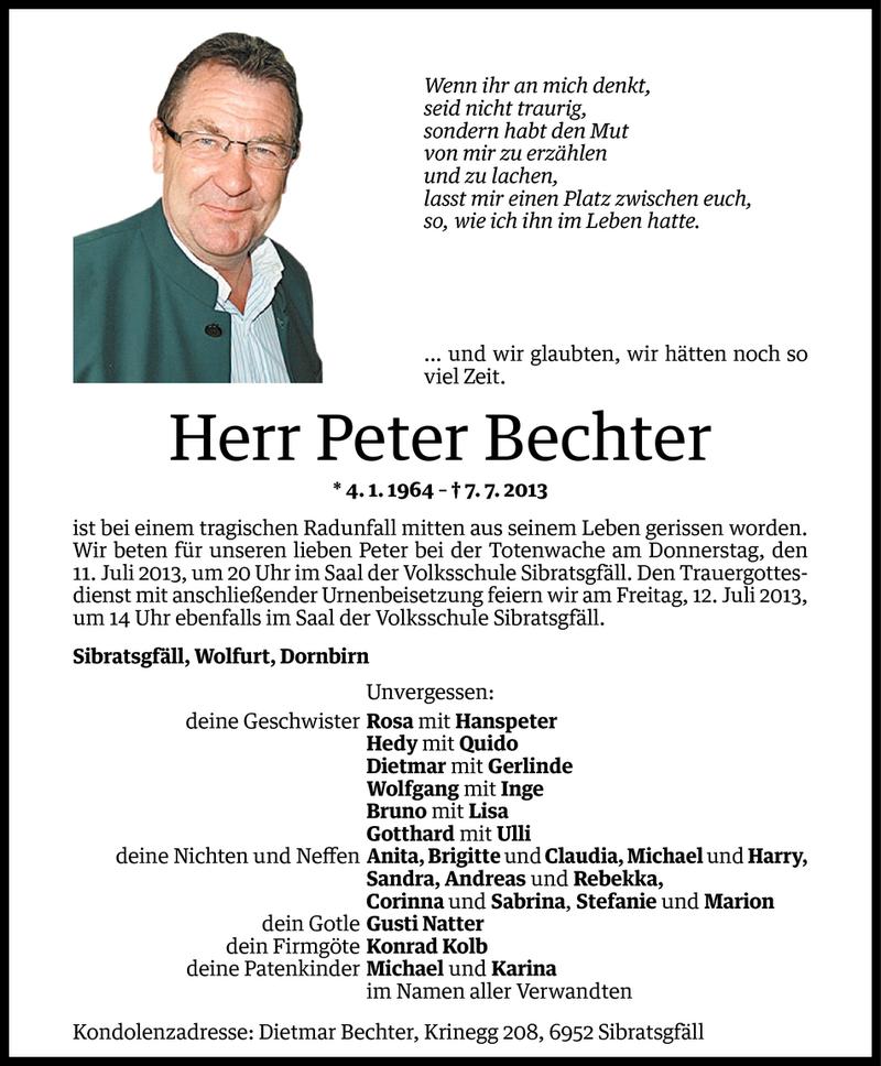  Todesanzeige für Peter Bechter vom 09.07.2013 aus Vorarlberger Nachrichten