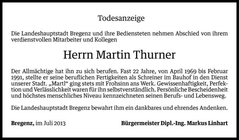  Todesanzeige für Martin Thurner vom 09.07.2013 aus Vorarlberger Nachrichten