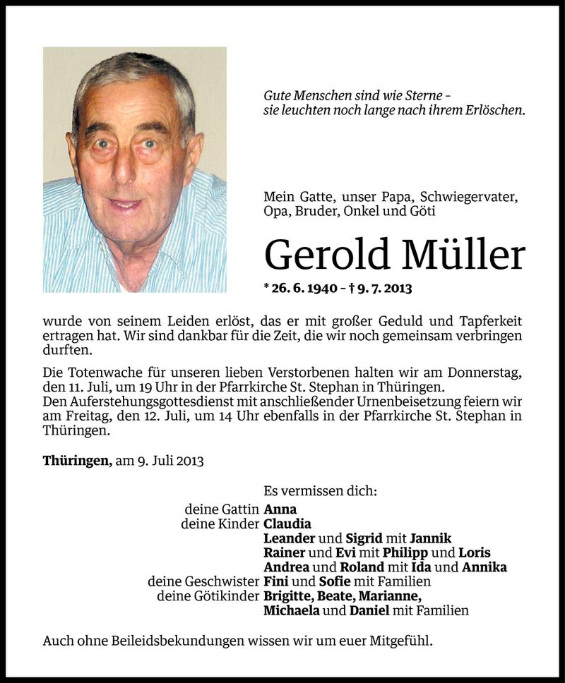  Todesanzeige für Gerold Müller vom 09.07.2013 aus Vorarlberger Nachrichten