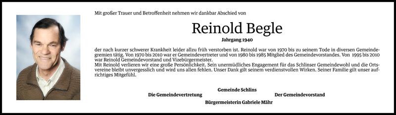  Todesanzeige für Reinold Begle vom 09.07.2013 aus Vorarlberger Nachrichten