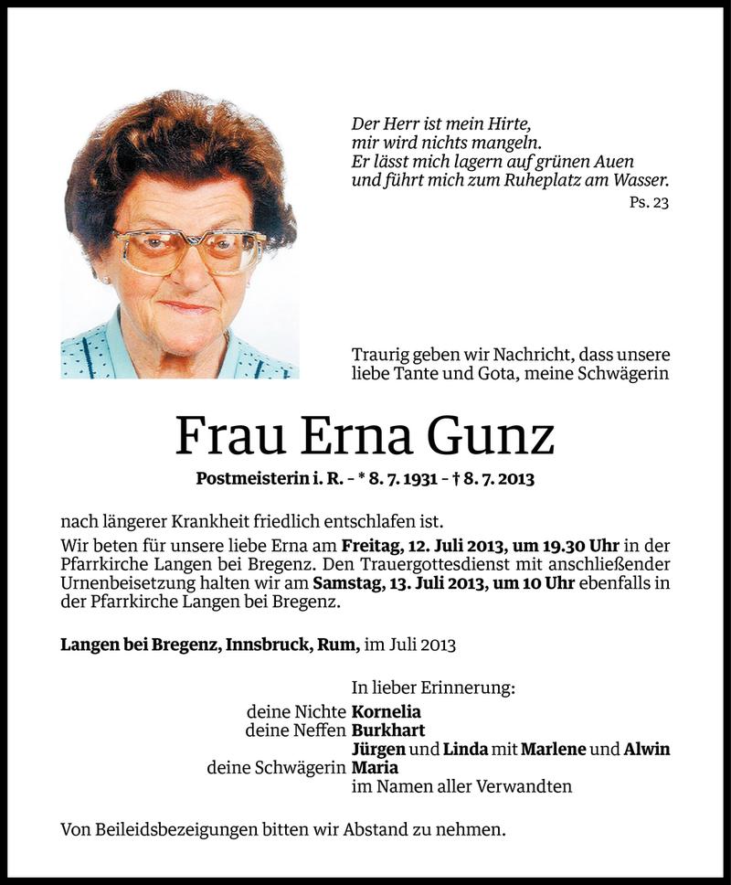  Todesanzeige für Erna Gunz vom 10.07.2013 aus Vorarlberger Nachrichten