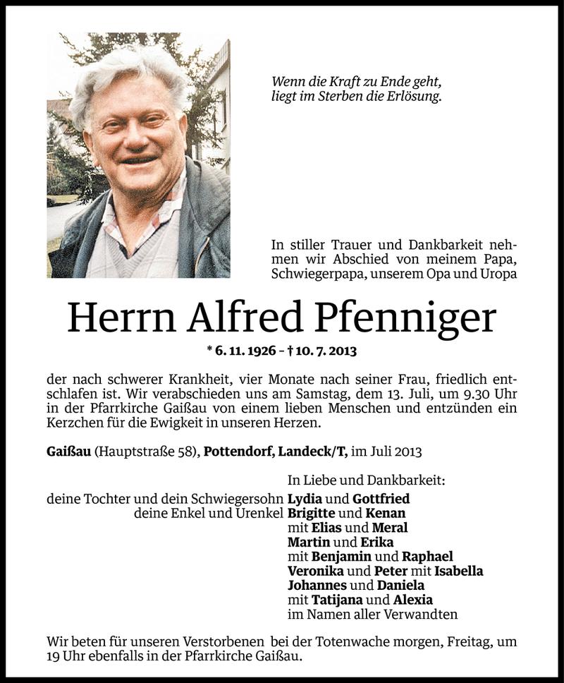  Todesanzeige für Alfred Pfenniger vom 10.07.2013 aus Vorarlberger Nachrichten