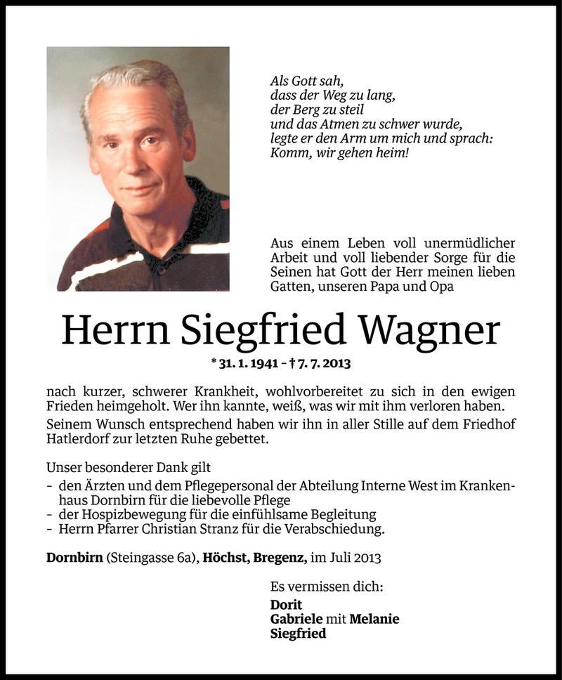  Todesanzeige für Siegfried Wagner vom 13.07.2013 aus Vorarlberger Nachrichten