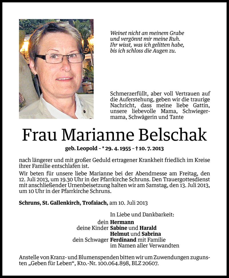  Todesanzeige für Marianne Belschak vom 11.07.2013 aus Vorarlberger Nachrichten