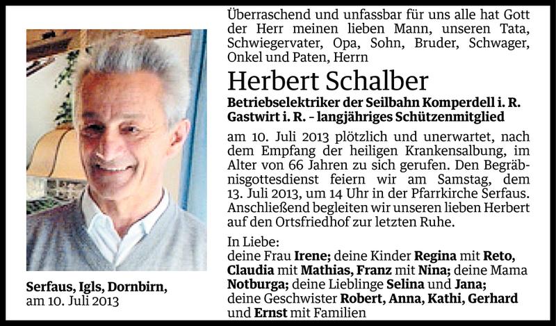  Todesanzeige für Herbert Schalber vom 11.07.2013 aus Vorarlberger Nachrichten