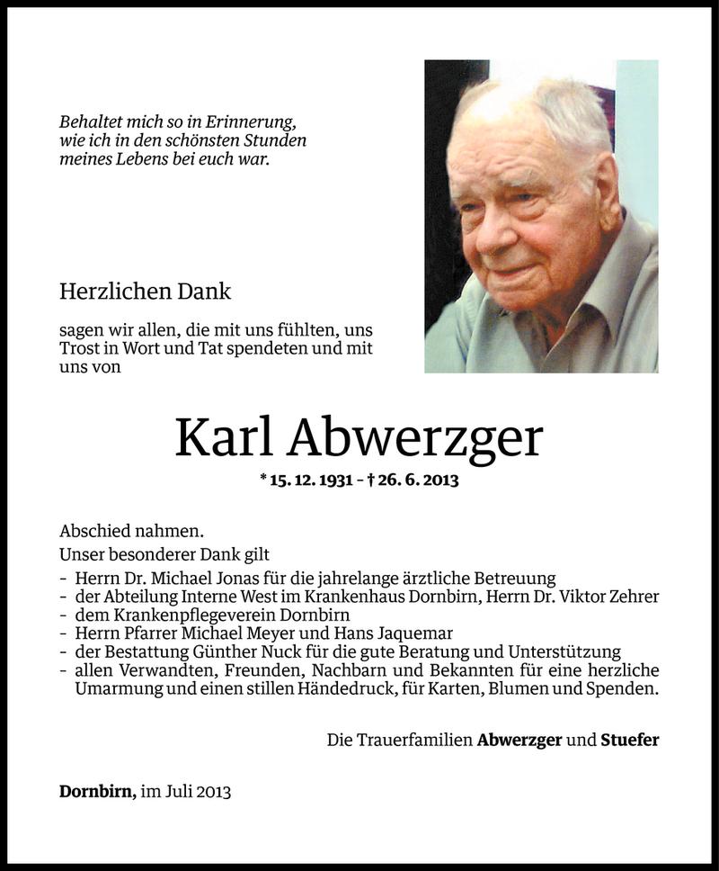  Todesanzeige für Karl Abwerzger vom 12.07.2013 aus Vorarlberger Nachrichten