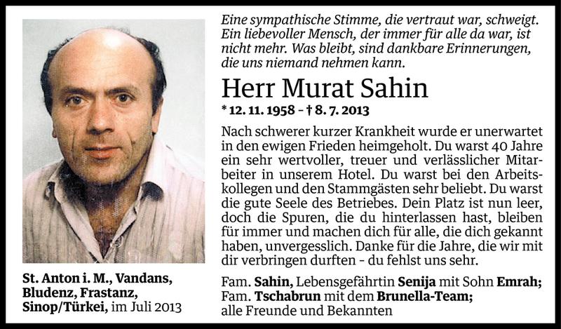  Todesanzeige für Murat Sahin vom 13.07.2013 aus Vorarlberger Nachrichten