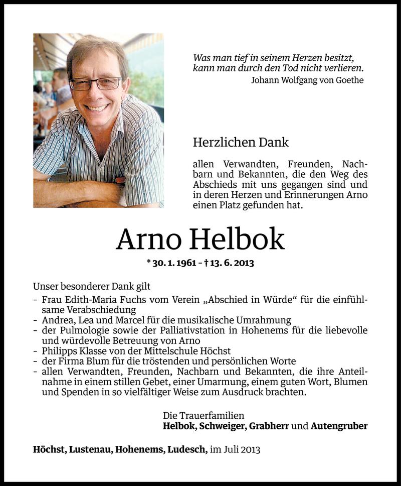  Todesanzeige für Arno Helbok vom 12.07.2013 aus Vorarlberger Nachrichten