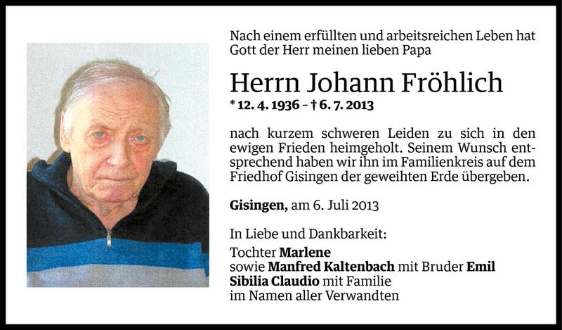  Todesanzeige für Johann Fröhlich vom 13.07.2013 aus Vorarlberger Nachrichten