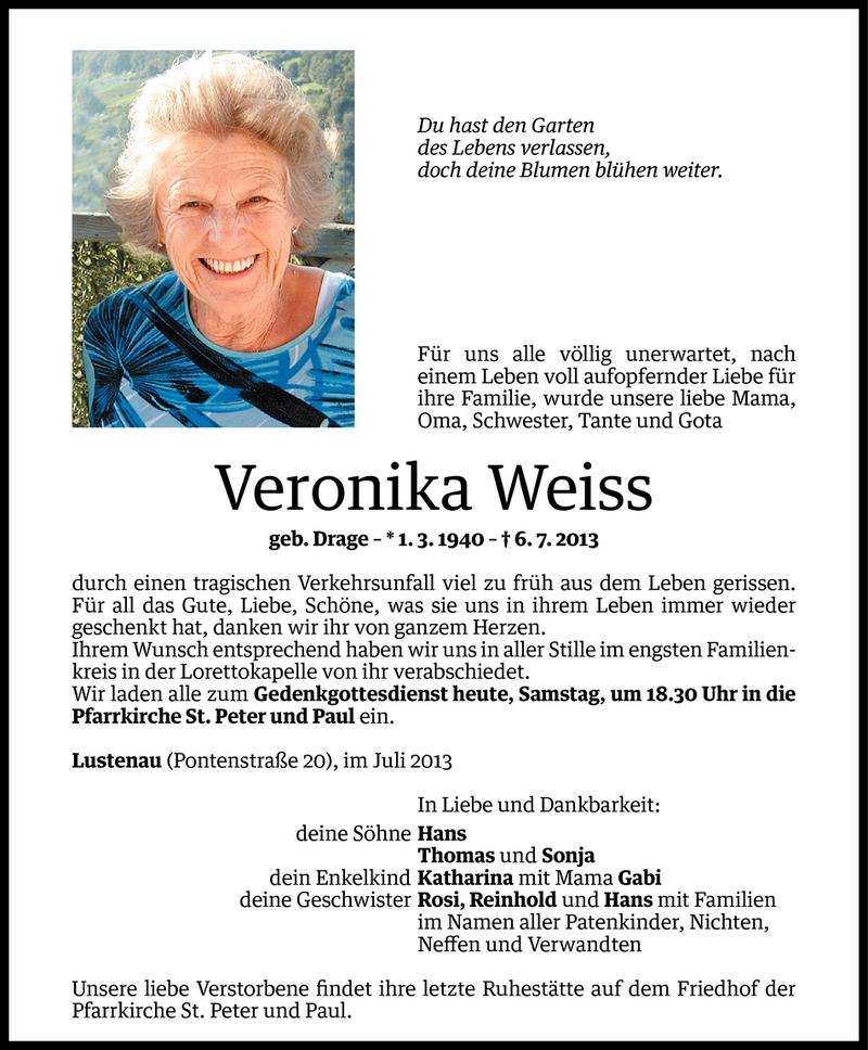  Todesanzeige für Veronika Weiss vom 12.07.2013 aus Vorarlberger Nachrichten