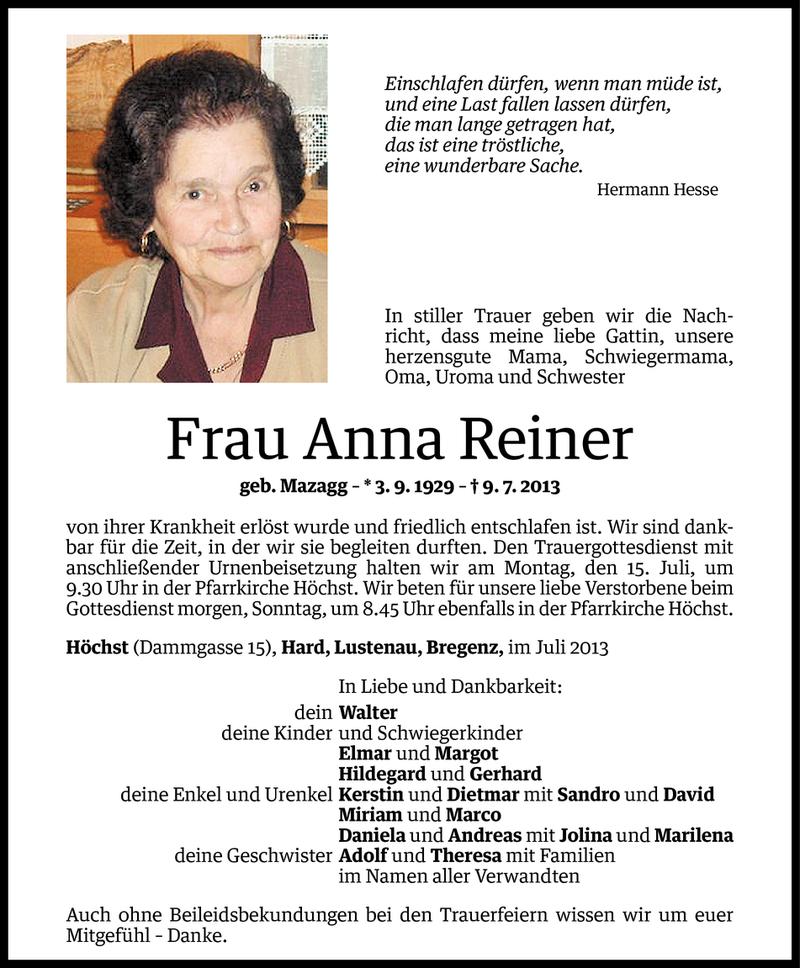  Todesanzeige für Anna Reiner vom 12.07.2013 aus Vorarlberger Nachrichten