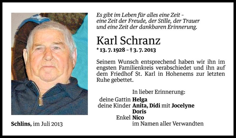  Todesanzeige für Karl Schranz vom 13.07.2013 aus Vorarlberger Nachrichten