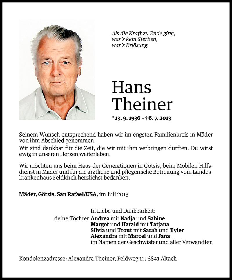  Todesanzeige für Hans Theiner vom 13.07.2013 aus Vorarlberger Nachrichten