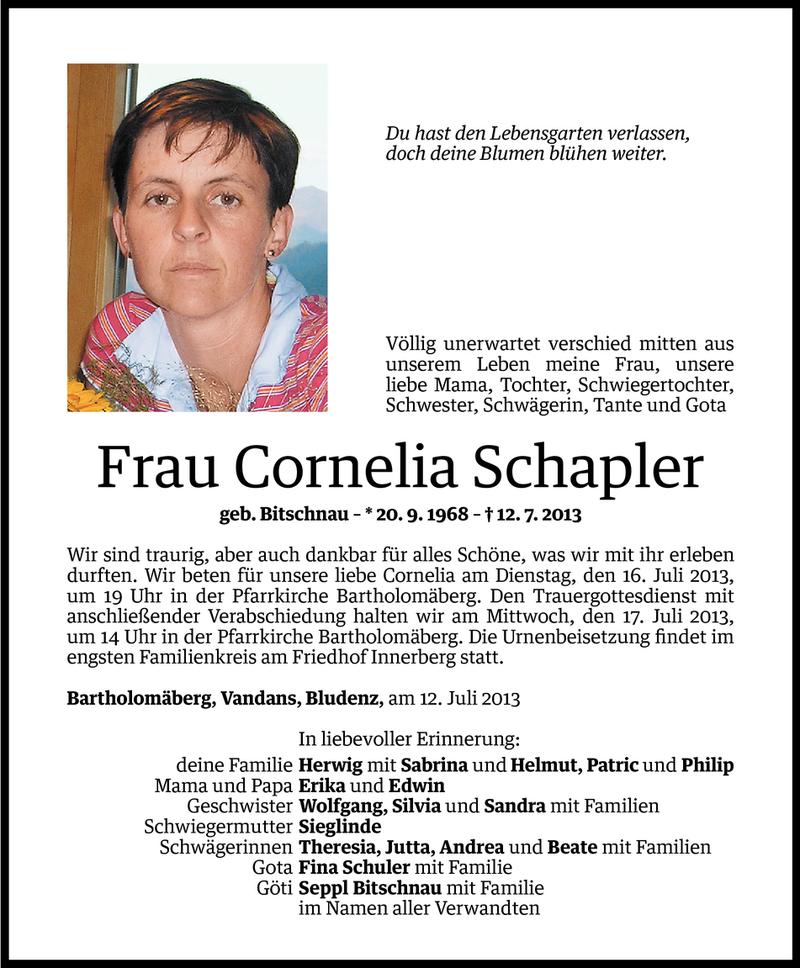  Todesanzeige für Cornelia Schapler vom 14.07.2013 aus Vorarlberger Nachrichten