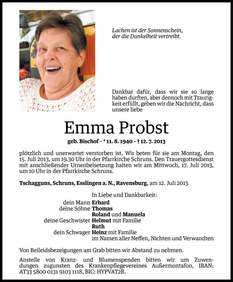  Todesanzeige für Emma Probst vom 14.07.2013 aus Vorarlberger Nachrichten