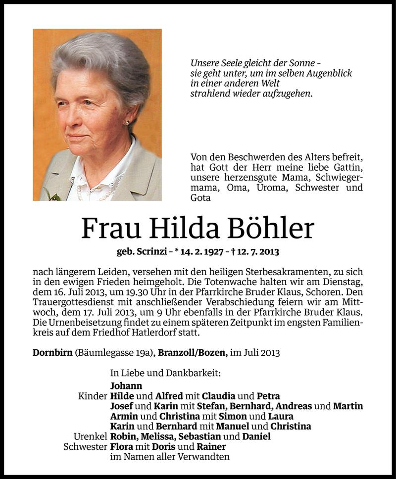  Todesanzeige für Hilda Böhler vom 14.07.2013 aus Vorarlberger Nachrichten