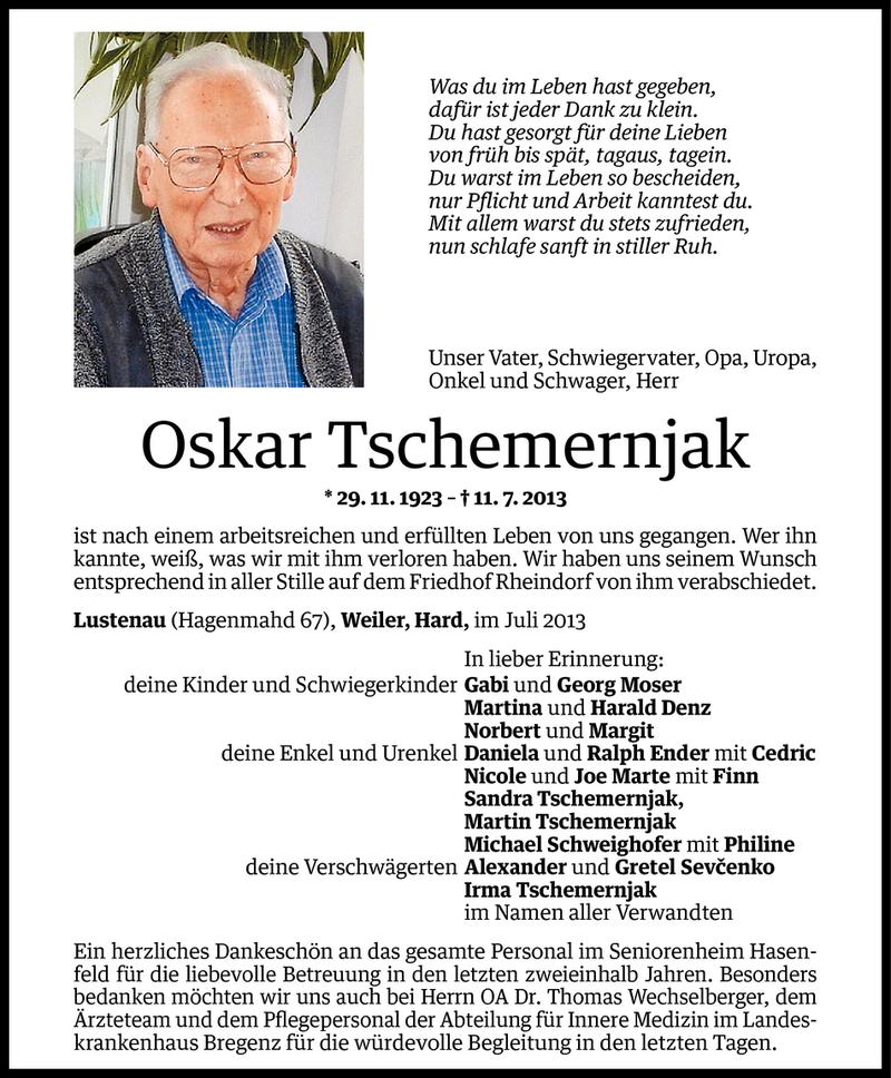  Todesanzeige für Oskar Tschemernjak vom 18.07.2013 aus Vorarlberger Nachrichten