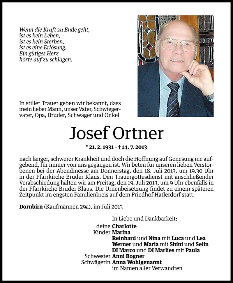  Todesanzeige für Josef Ortner vom 16.07.2013 aus Vorarlberger Nachrichten