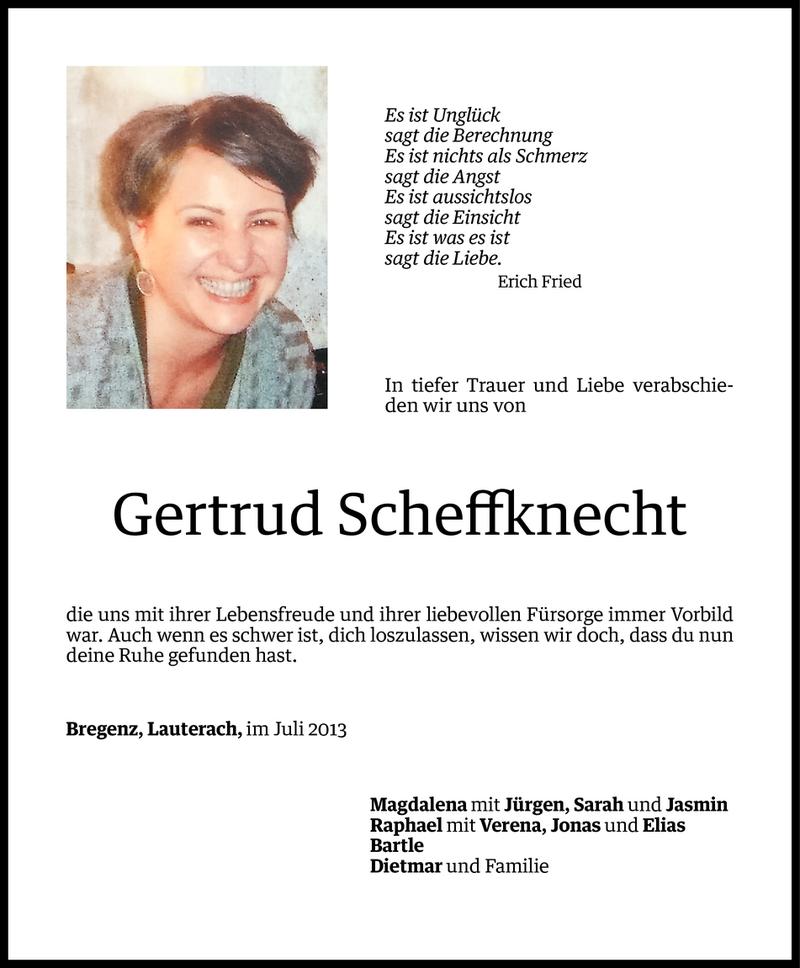  Todesanzeige für Gertrud Scheffknecht vom 16.07.2013 aus Vorarlberger Nachrichten