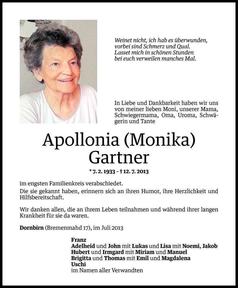  Todesanzeige für Apollonia (Monika) Gartner vom 18.07.2013 aus Vorarlberger Nachrichten