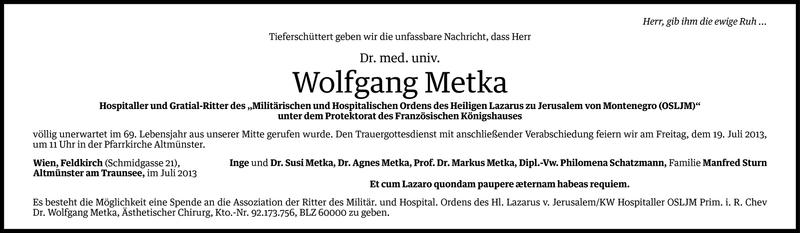  Todesanzeige für Dr. med. univ. Wolfgang Metka vom 17.07.2013 aus Vorarlberger Nachrichten