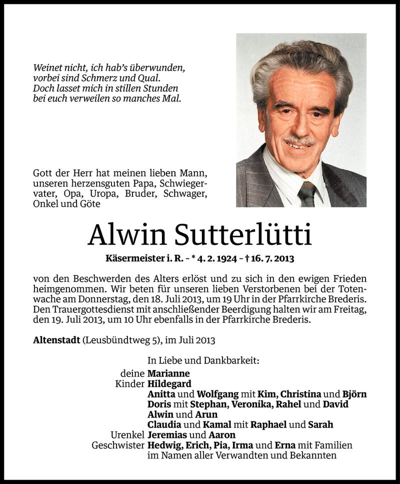  Todesanzeige für Alwin Sutterlütti vom 17.07.2013 aus Vorarlberger Nachrichten