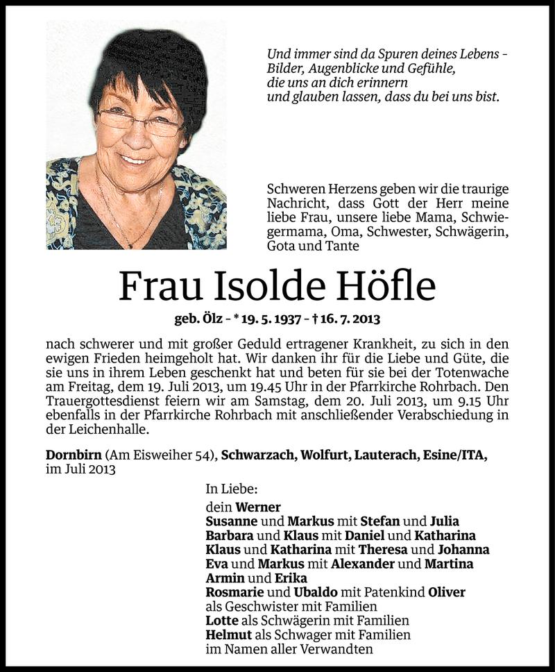  Todesanzeige für Isolde Höfle vom 17.07.2013 aus Vorarlberger Nachrichten