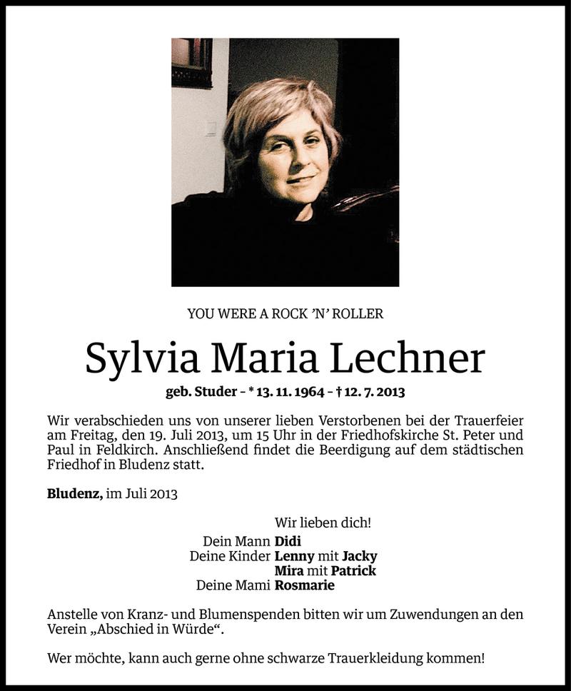  Todesanzeige für Sylvia Maria Lechner vom 17.07.2013 aus Vorarlberger Nachrichten
