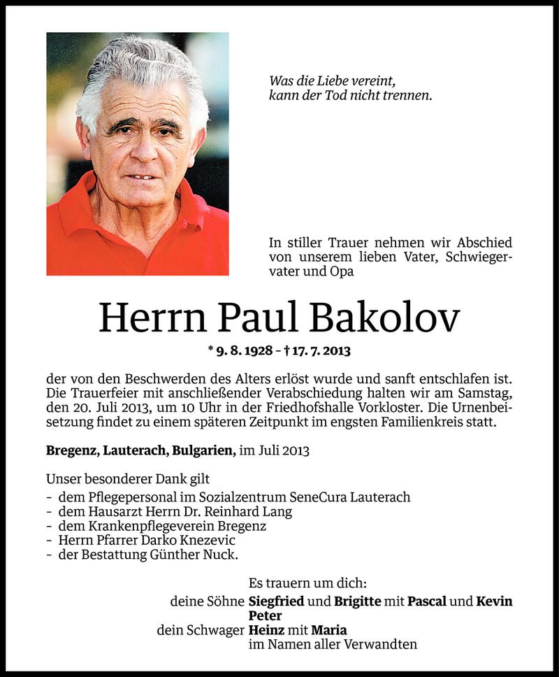  Todesanzeige für Paul Bakolov vom 18.07.2013 aus Vorarlberger Nachrichten