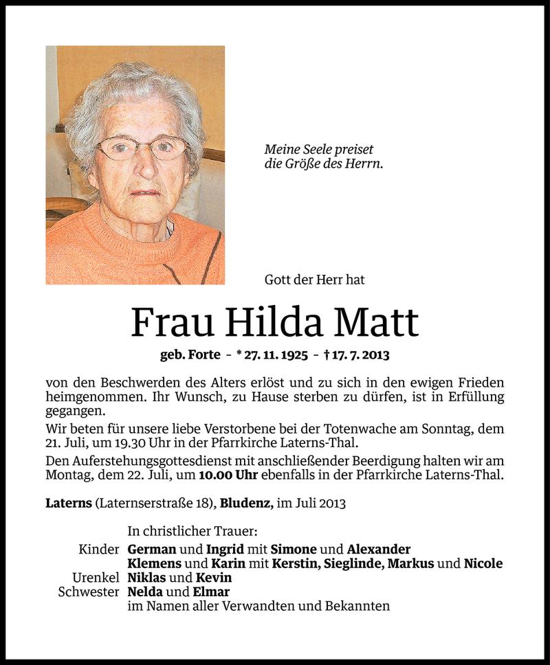  Todesanzeige für Hilda Matt vom 20.07.2013 aus Vorarlberger Nachrichten