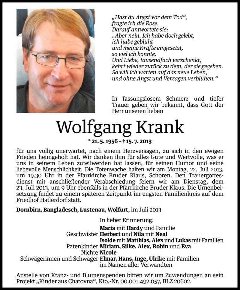  Todesanzeige für Wolfgang Krank vom 19.07.2013 aus Vorarlberger Nachrichten