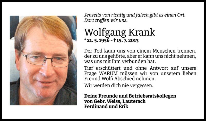  Todesanzeige für Wolfgang Krank vom 19.07.2013 aus Vorarlberger Nachrichten