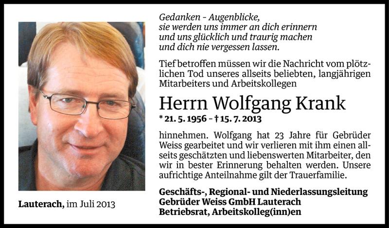  Todesanzeige für Wolfgang Krank vom 19.07.2013 aus Vorarlberger Nachrichten