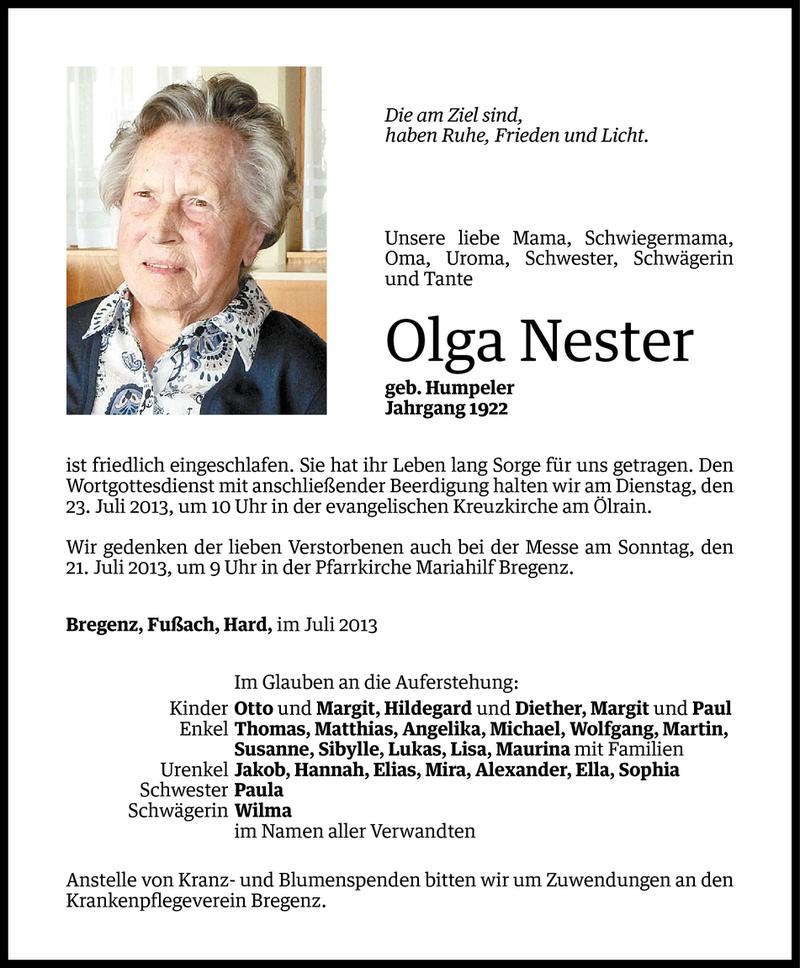  Todesanzeige für Olga Nester vom 19.07.2013 aus Vorarlberger Nachrichten