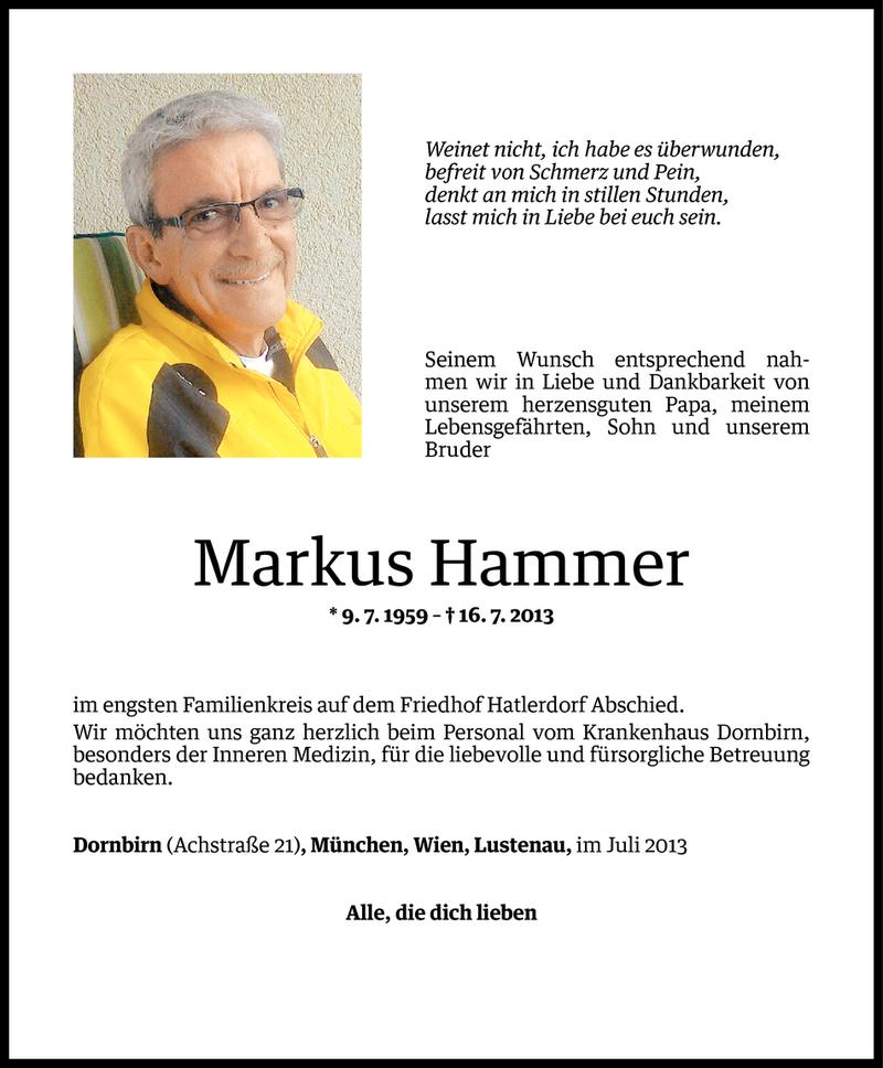  Todesanzeige für Markus Hammer vom 21.07.2013 aus Vorarlberger Nachrichten