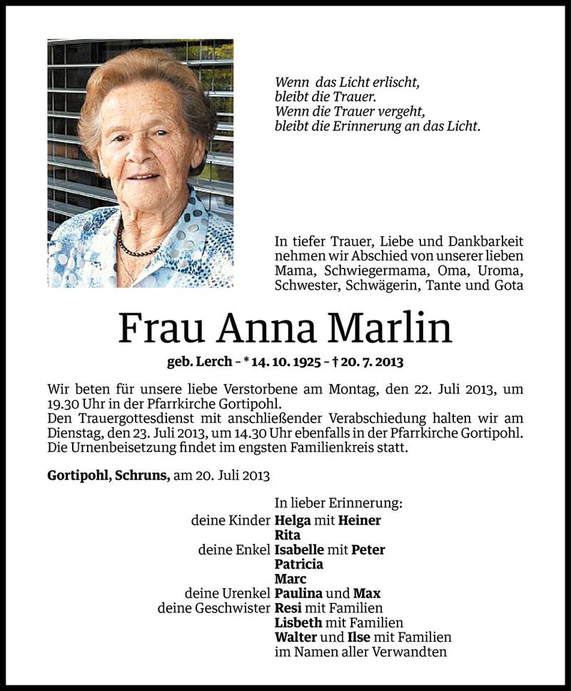  Todesanzeige für Anna Marlin vom 21.07.2013 aus Vorarlberger Nachrichten