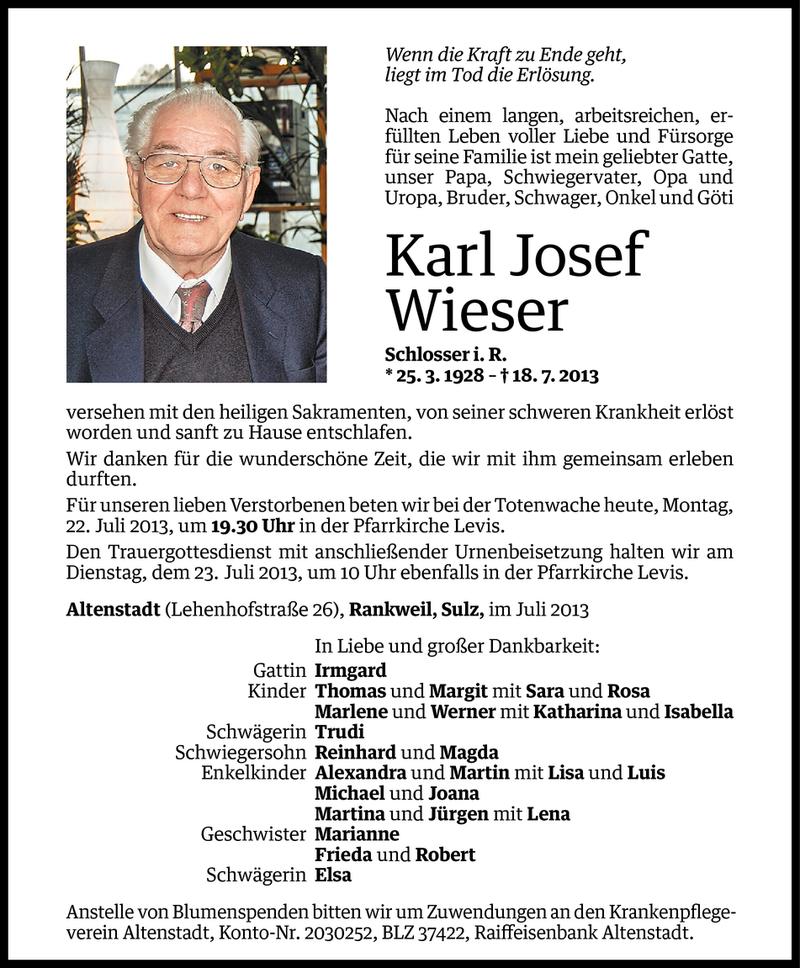  Todesanzeige für Karl Josef Wieser vom 21.07.2013 aus Vorarlberger Nachrichten