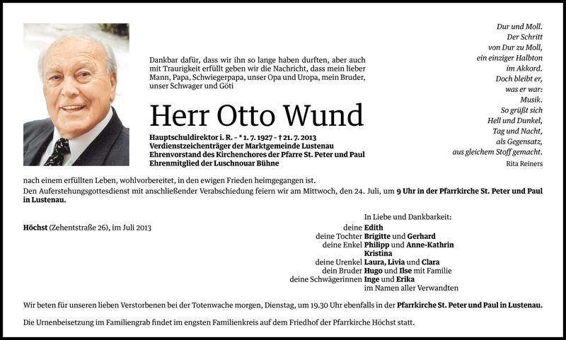  Todesanzeige für Otto Wund vom 21.07.2013 aus Vorarlberger Nachrichten